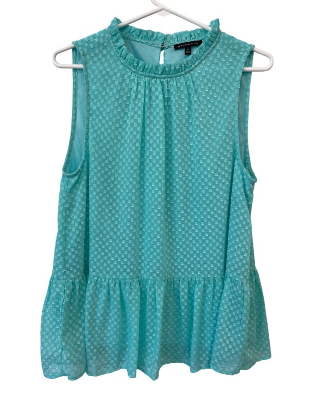 Staccato Blouse Medium Sleeveless Ruffle Neck Textured Drop Waist Peplum Aqua